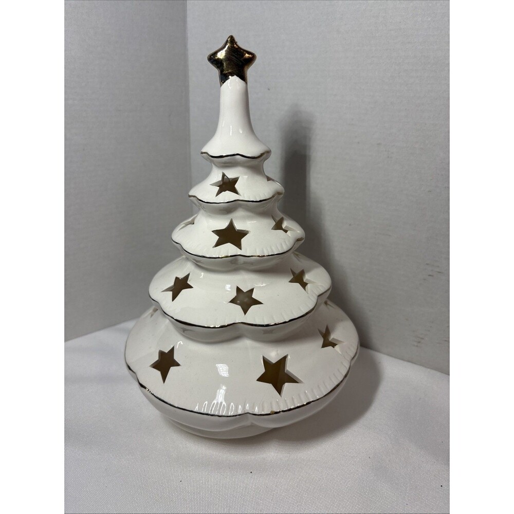Vintage Henriksen Imports Ceramic Christmas Candle Light Tree - Gold Plated